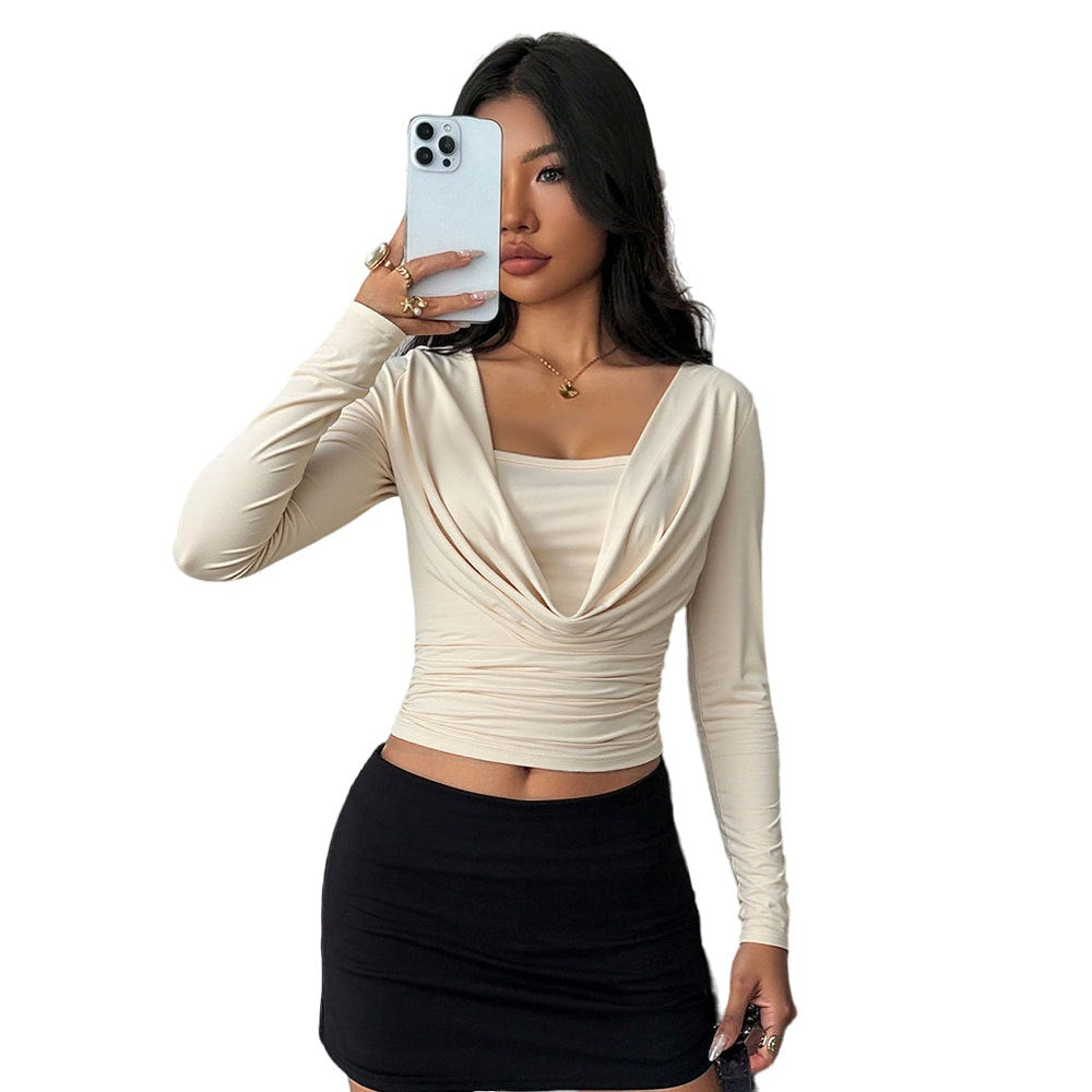 Damen drapiertes Langarm-Cropped-Top mit Wasserfall-Cowl Untertop-Einsatz und taillierter Raffung Shop Nory