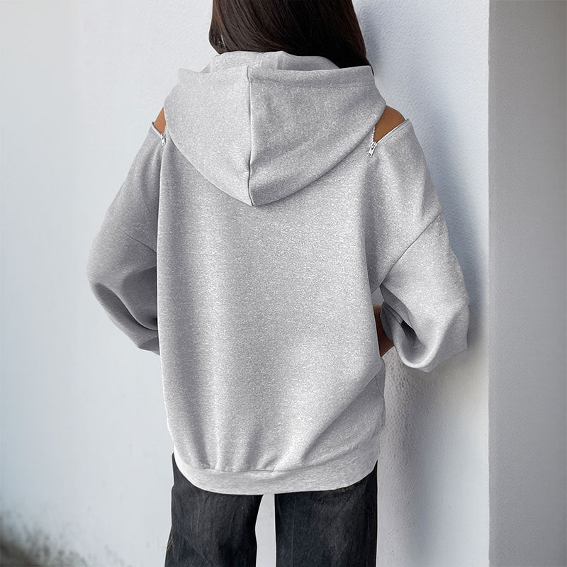 Damen Lässiger Kapuzenpullover mit Schulteröffnungen, Kängurutasche und gerippten Bündchen Shop Nory