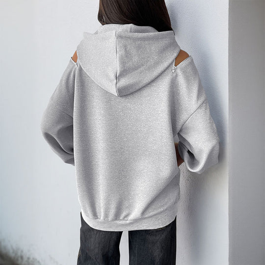 Damen Lässiger Kapuzenpullover mit Schulteröffnungen, Kängurutasche und gerippten Bündchen Shop Nory
