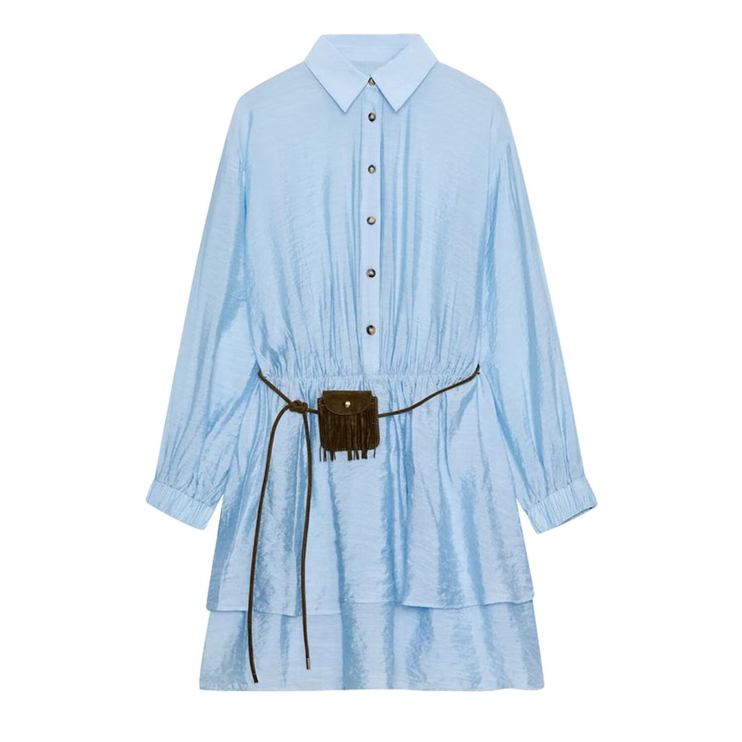 Damen Hemdblusenkleid mit Stufenrock, geraffter Taille und Fransen‑Gürteltasche Shop Nory