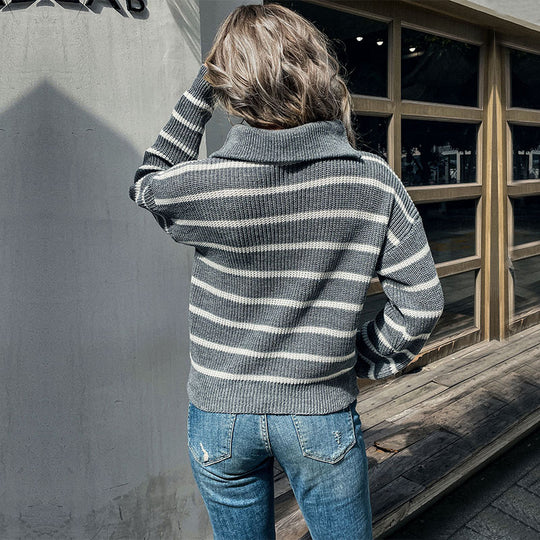 Damen Maritimer Streifenpullover aus Grobstrick mit kurzem Saum und Stehkragen Shop Nory
