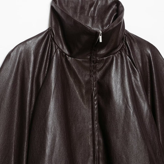 Damen Oversize Jacke im Lederlook mit hohem Funnelkragen, Raglanärmeln und Tunnelzugsaum Shop Nory