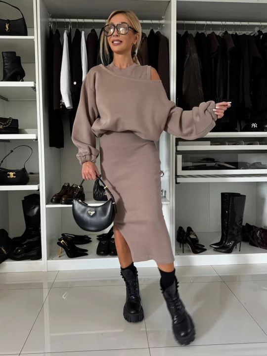 Damen Bequemes Sweatset mit Ein-Schulter-Ausschnitt und Taillierter Midi-Rock Shop Nory