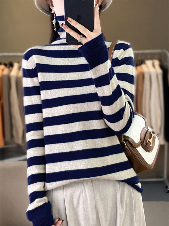 Damen Lässiger gestreifter Rollkragenpullover aus Wollmix mit legerer Passform Shop Nory