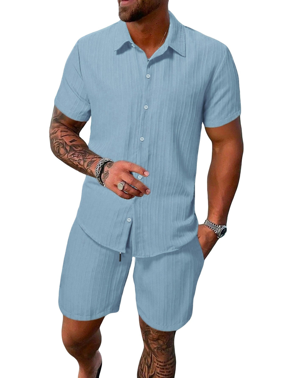 Herren nan luftiges Kurzarm-Hemd mit offenem Revers und passender Freizeishorts aus strukturierter Baumwollmischung Shopnory