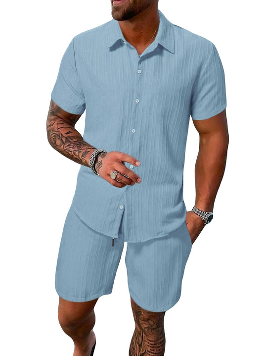 Herren nan luftiges Kurzarm-Hemd mit offenem Revers und passender Freizeishorts aus strukturierter Baumwollmischung Shopnory