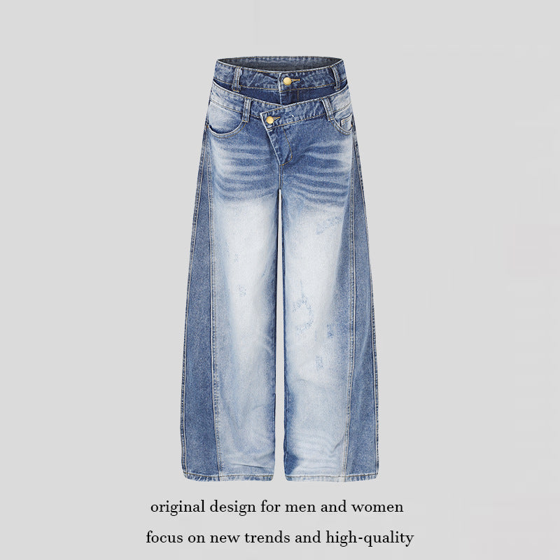 Damen Jeanshose mit weitem Culotte‑Schnitt, asymmetrischem Doppelbund und Kontrast-Seitenbahnen Shop Nory