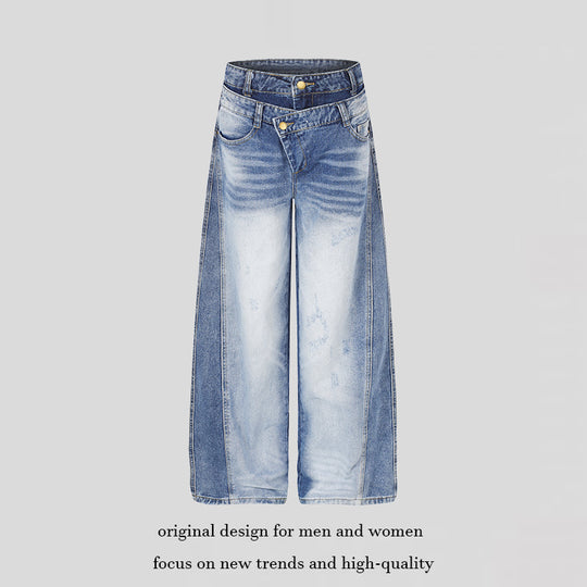 Damen Jeanshose mit weitem Culotte‑Schnitt, asymmetrischem Doppelbund und Kontrast-Seitenbahnen Shop Nory
