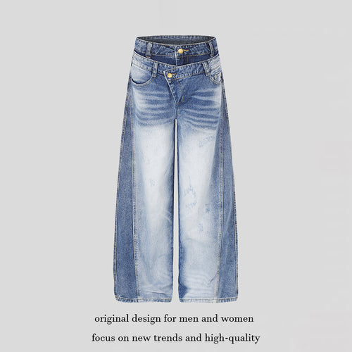 Damen Jeanshose mit weitem Culotte‑Schnitt, asymmetrischem Doppelbund und Kontrast-Seitenbahnen Shop Nory