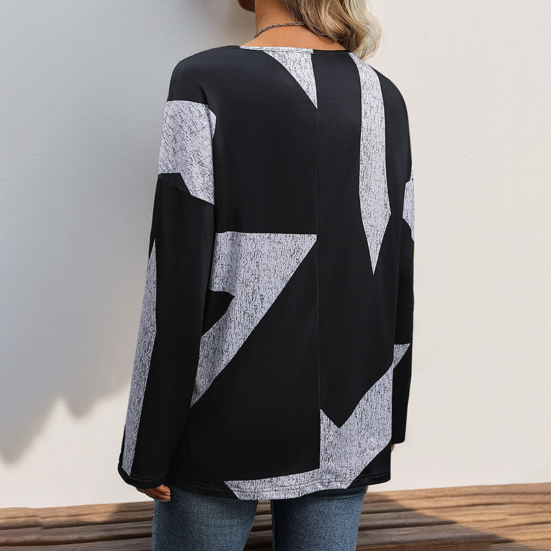 Damen Oversize V-Ausschnitt-Shirt mit abstraktem Grafikprint und leichtem Fall Shop Nory