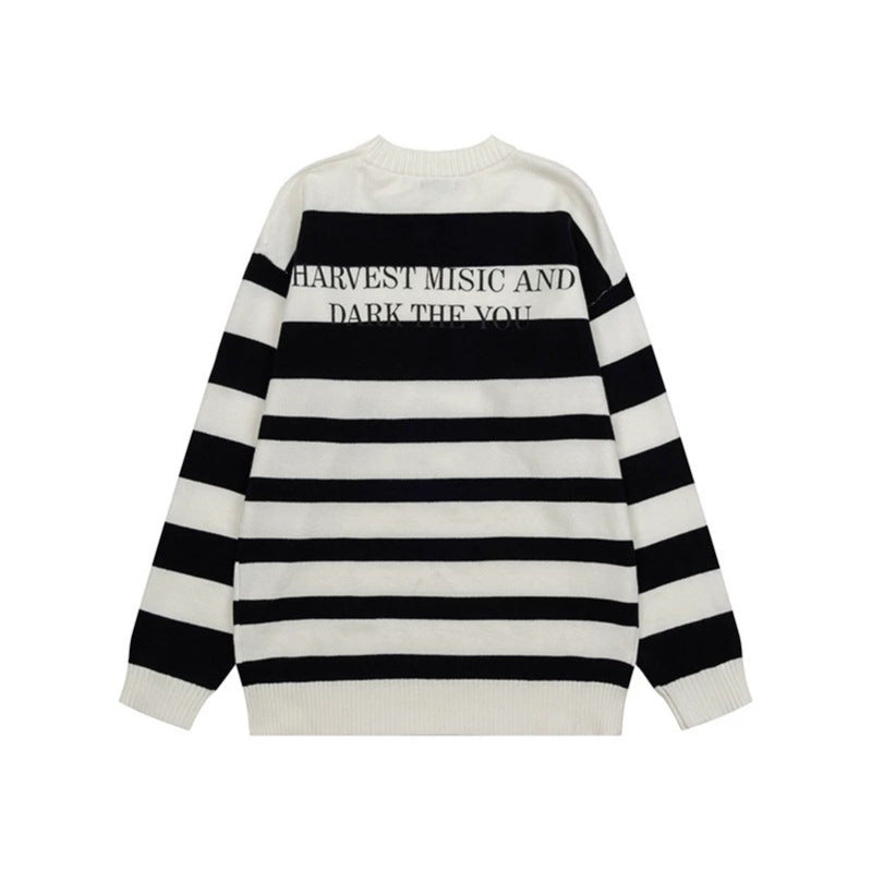 Damen Gestreifter Oversize-Strickpullover mit Rundhals und Musik-Grafik Shop Nory