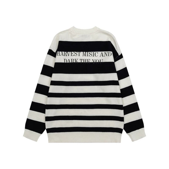 Damen Gestreifter Oversize-Strickpullover mit Rundhals und Musik-Grafik Shop Nory