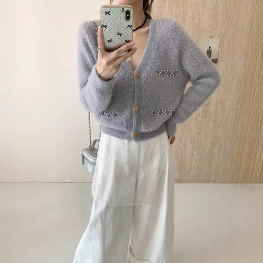 Damen Verspielter V-Ausschnitt Cardigan mit Perlen Shop Nory