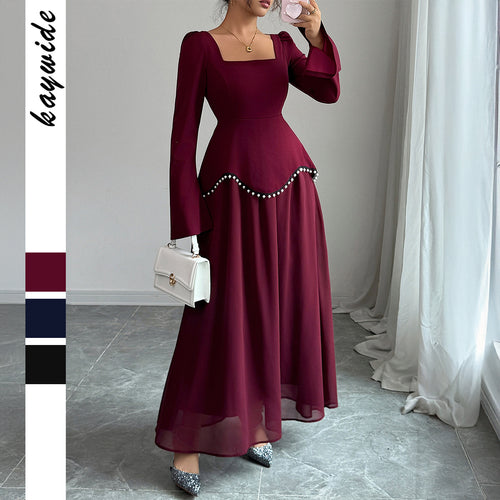 Damen nan elegantes Maxikleid mit quadratischem Ausschnitt, taillierter Schößchen-Passe und Perlenbordüre Shop Nory