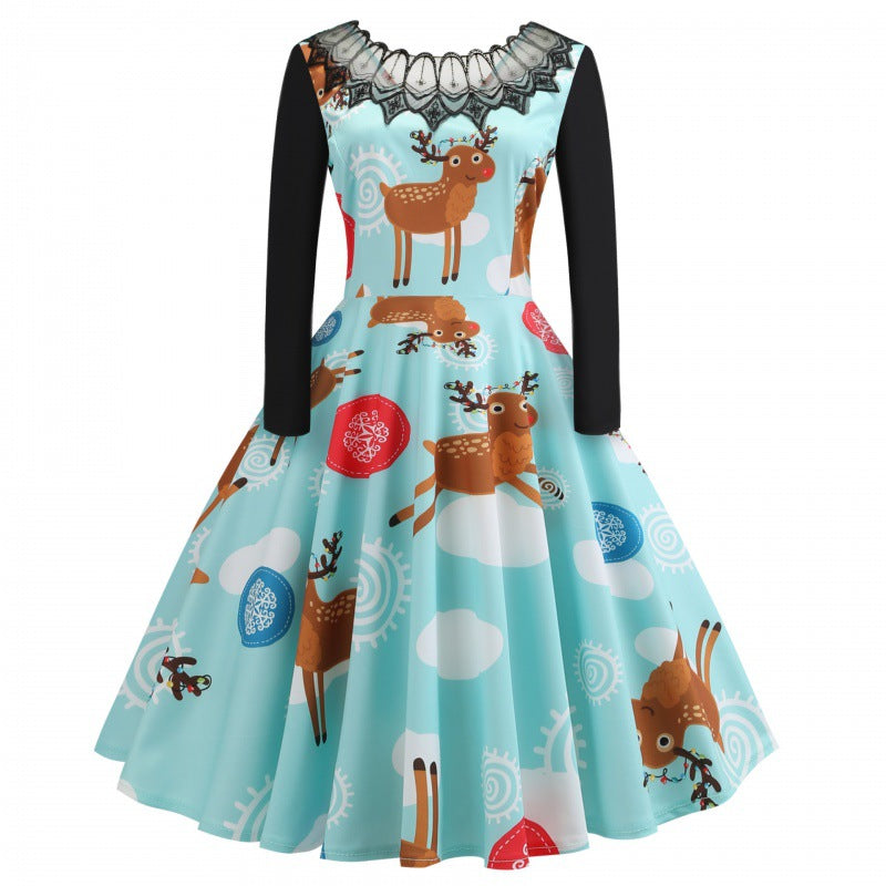 Damen Festliches Retro Swing Kleid mit Langarm A Linien Schnitt und Rentier-Print Shop Nory