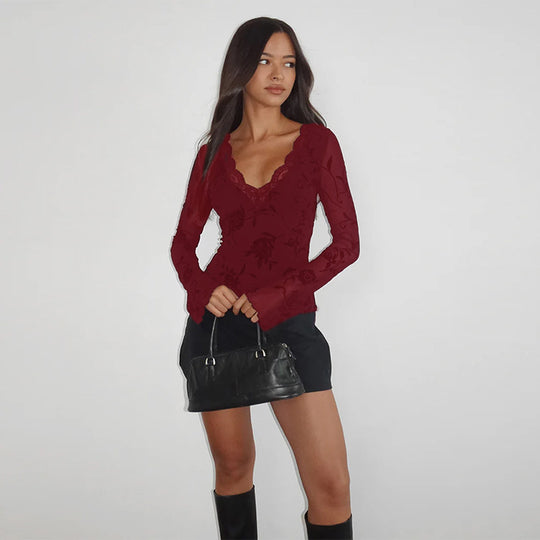 Damen Tailliertes Langarmshirt mit V‑Ausschnitt und Spitzenbesatz Shop Nory