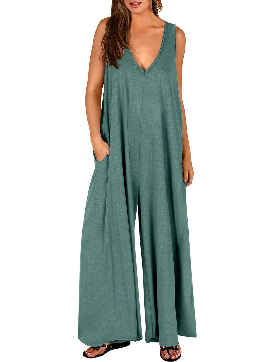 Damen weit geschnittene Jumpsuit mit V-Ausschnitt