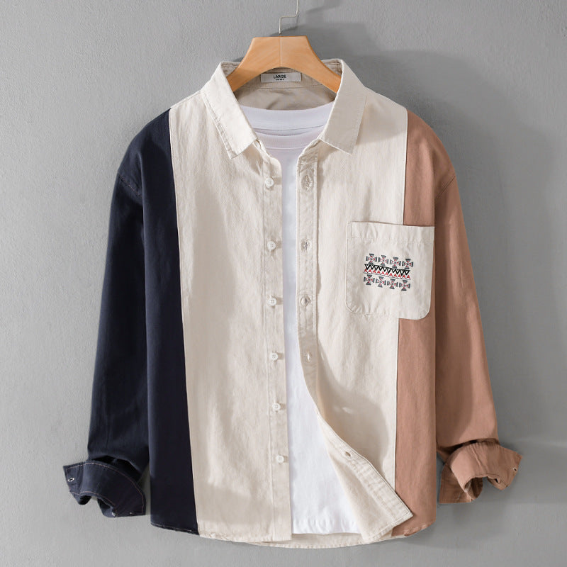 Herren Colorblock-Hemdjacke im Relaxed-Fit mit Brusttasche und Ethno-Stickerei Shop Nory