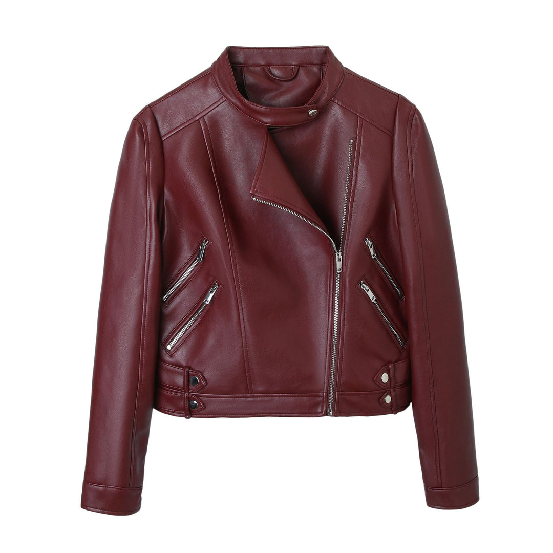 Damen Motorrad-Bikerjacke aus Kunstleder mit Stehkragen, asymmetrischem Reißverschluss und Zierfalten Shop Nory