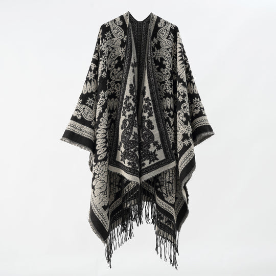 Damen Jacquard-Umhangponcho aus Wollmix mit beidseitigem Paisley-Jacquard und Fransen Shop Nory