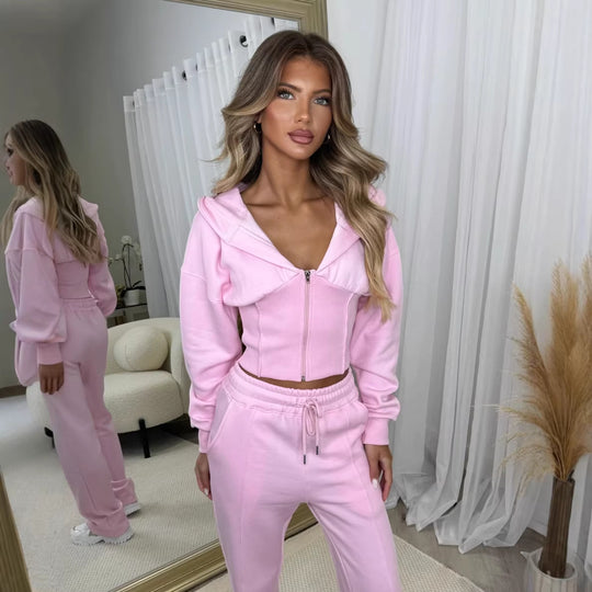 Damen Zweiteiler aus Sweat mit Cropped Kapuzenjacke und High-Waist Jogginghose Shop Nory