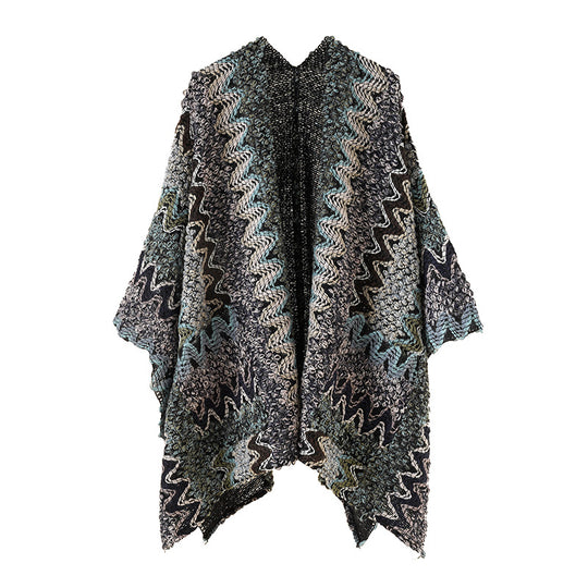 Damen Grobgestrickter Ethno-Ruana-Poncho mit Zickzack‑Jacquard und offenem Fall Shop Nory