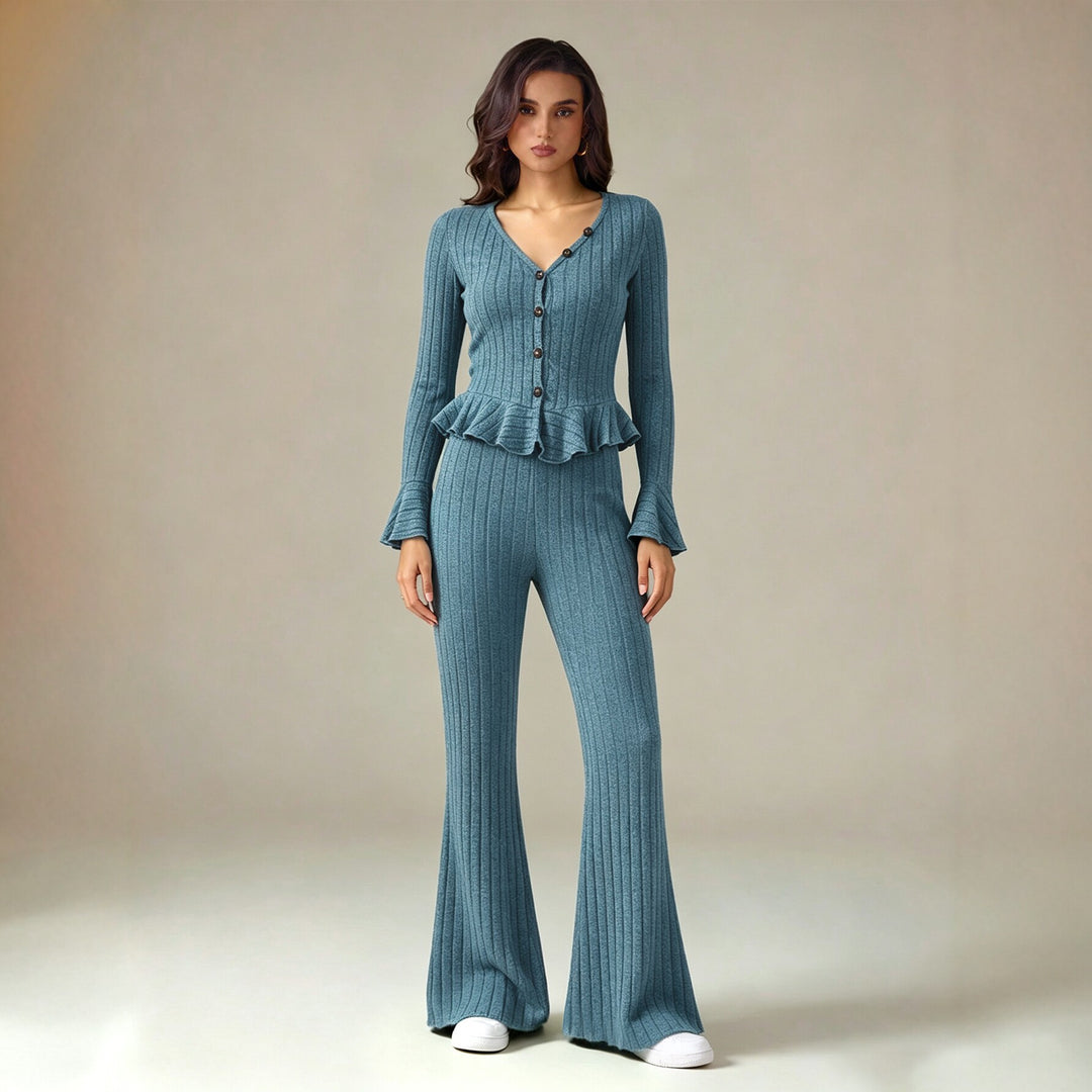 Damen feinstrukturiertes Rippstrick-Set mit tailliertem Knopfcardigan, Volant-Taillenpassform und ausgestellter Schlaghose Shop Nory