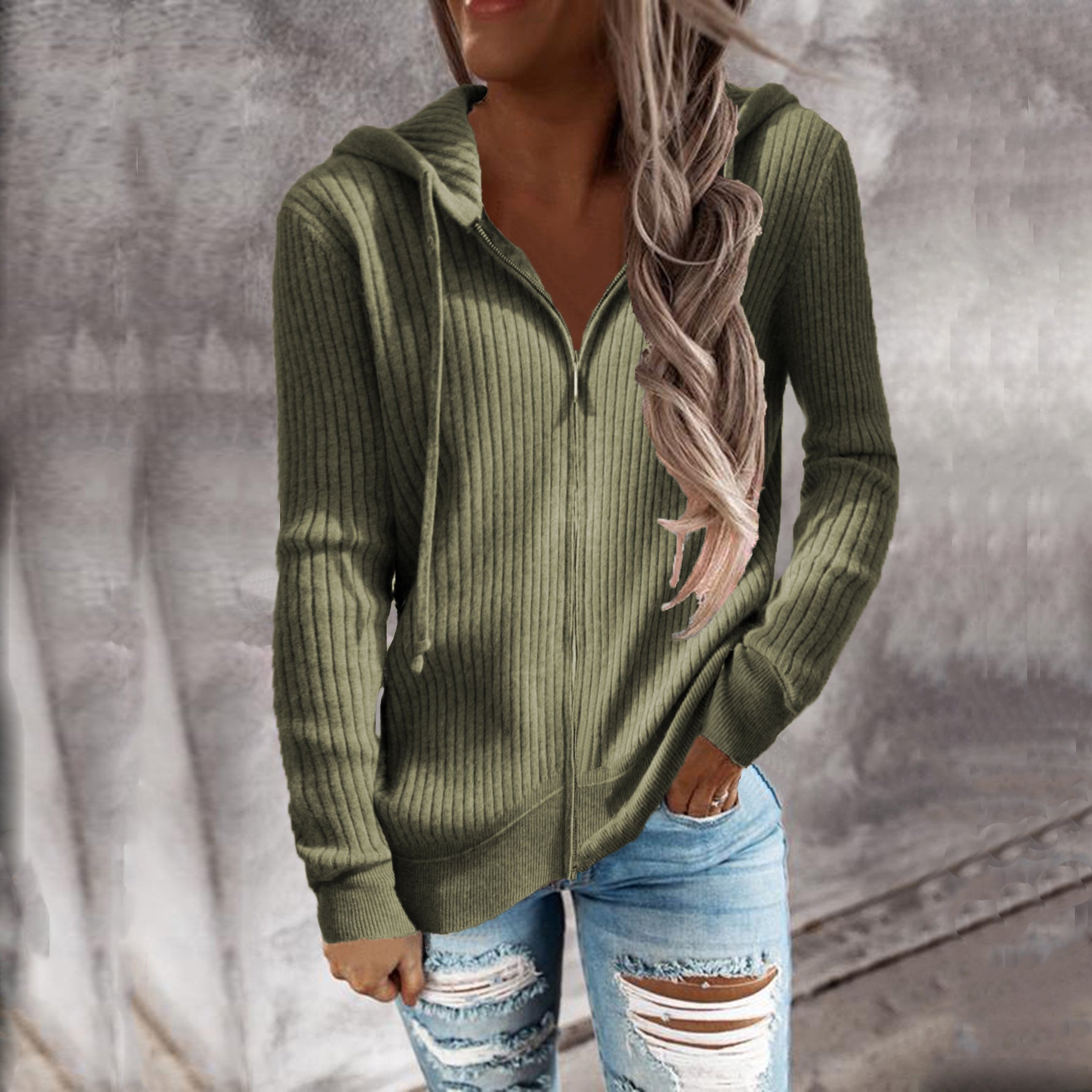 Damen Kapuzenjacke im modernen Rippenstrickdesign mit Taschen