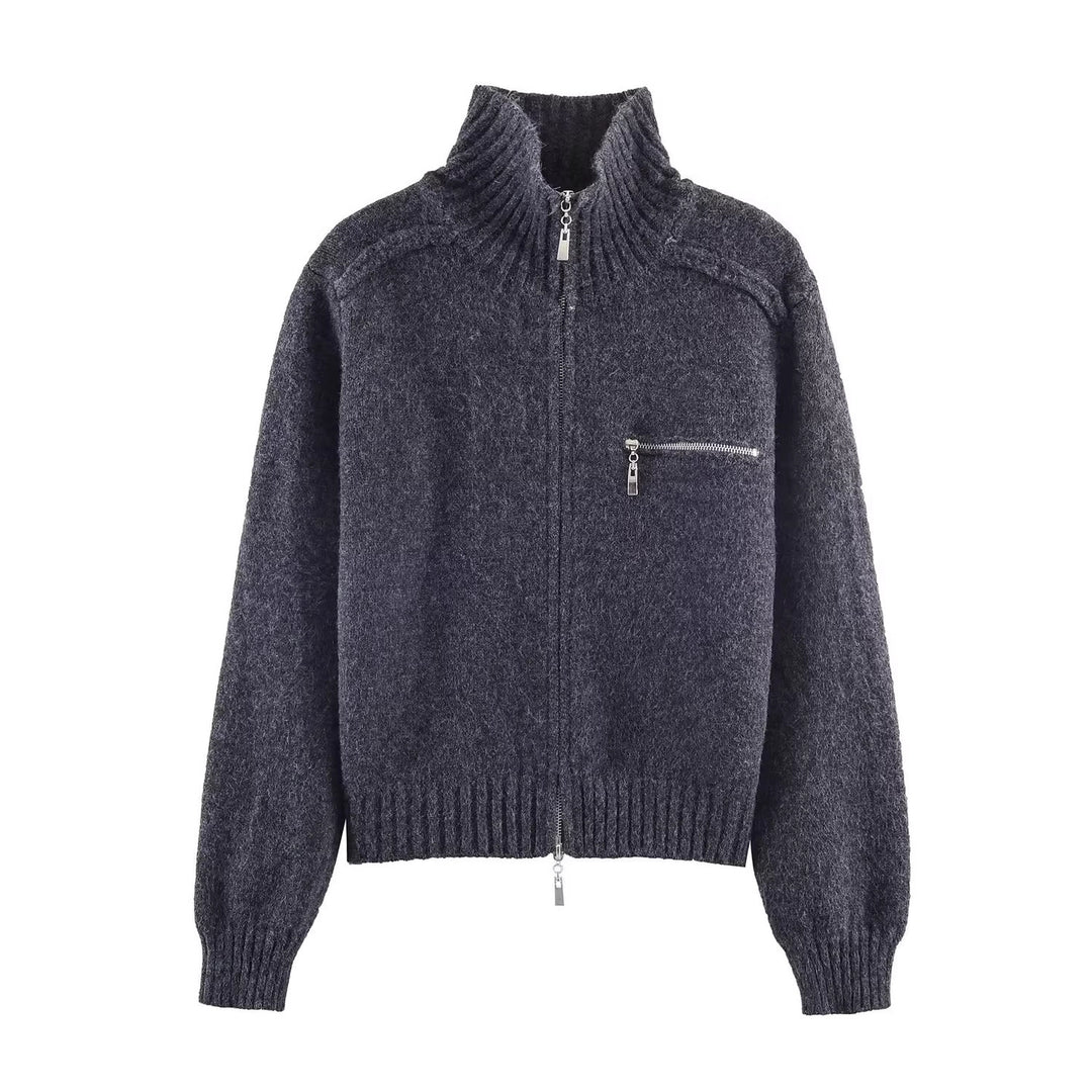 Damen Grobgestrickte Reißverschluss‑Strickjacke mit hohem Rippkragen und Brusttasche Shop Nory