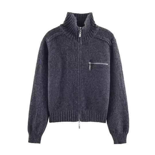 Damen Grobgestrickte Reißverschluss‑Strickjacke mit hohem Rippkragen und Brusttasche Shop Nory