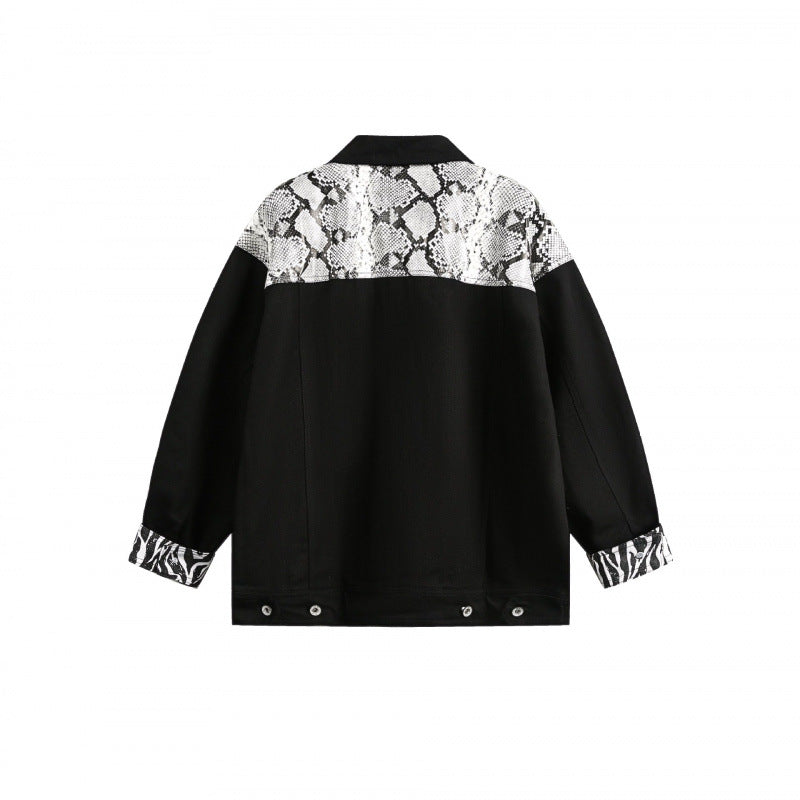Damen Oversize-Jeansjacke im Patchwork-Tierprint mit Reverskragen und Pattentaschen Shop Nory