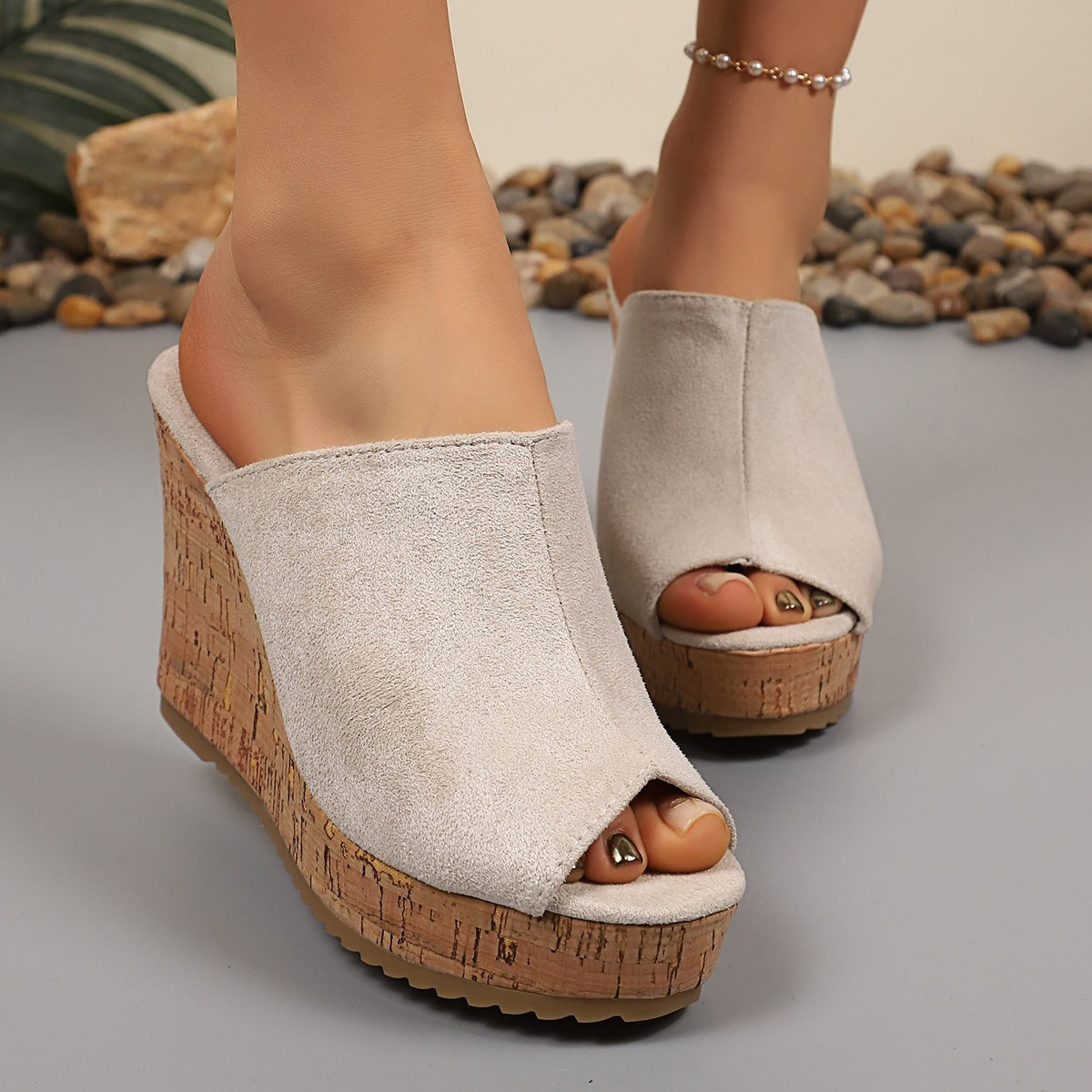 Damen Wedge-Pantoletten mit hochwertiger Korksohle und offenem Zehenbereich