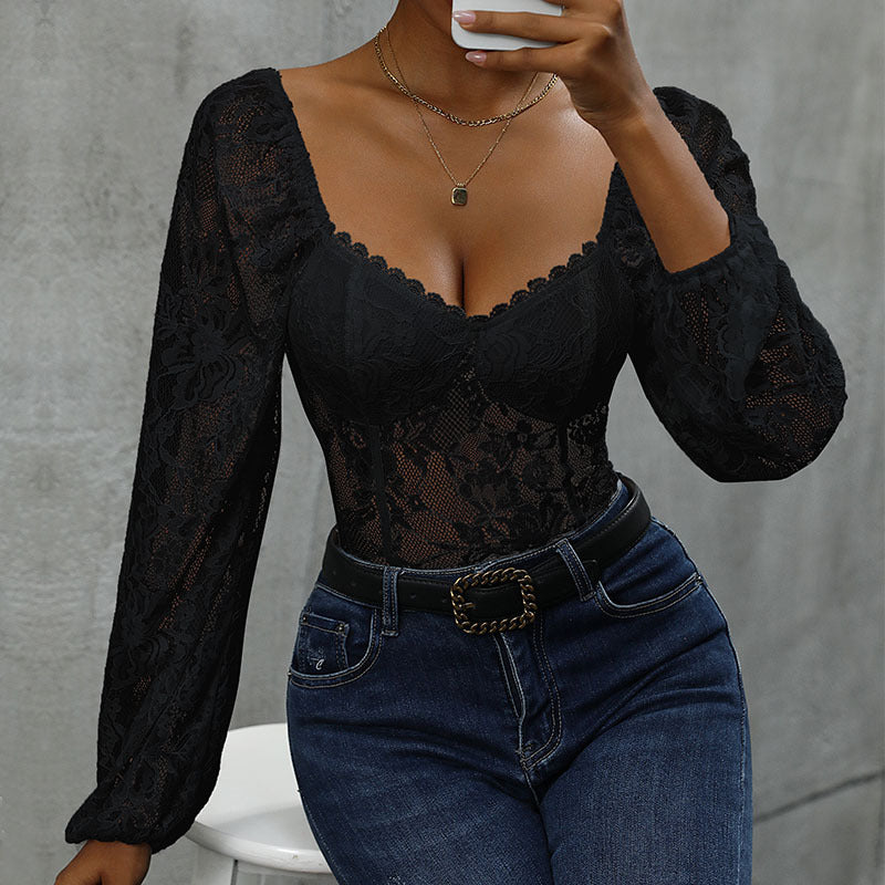 Damen Spitzen-Corsage mit Herzausschnitt, integrierten Cups und transparenten Puffärmeln Shop Nory