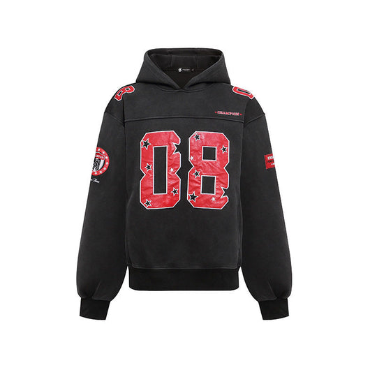 Damen Oversize Kapuzen-Sweatshirt mit großflächigem Zahlendruck und Sternapplikationen Shop Nory