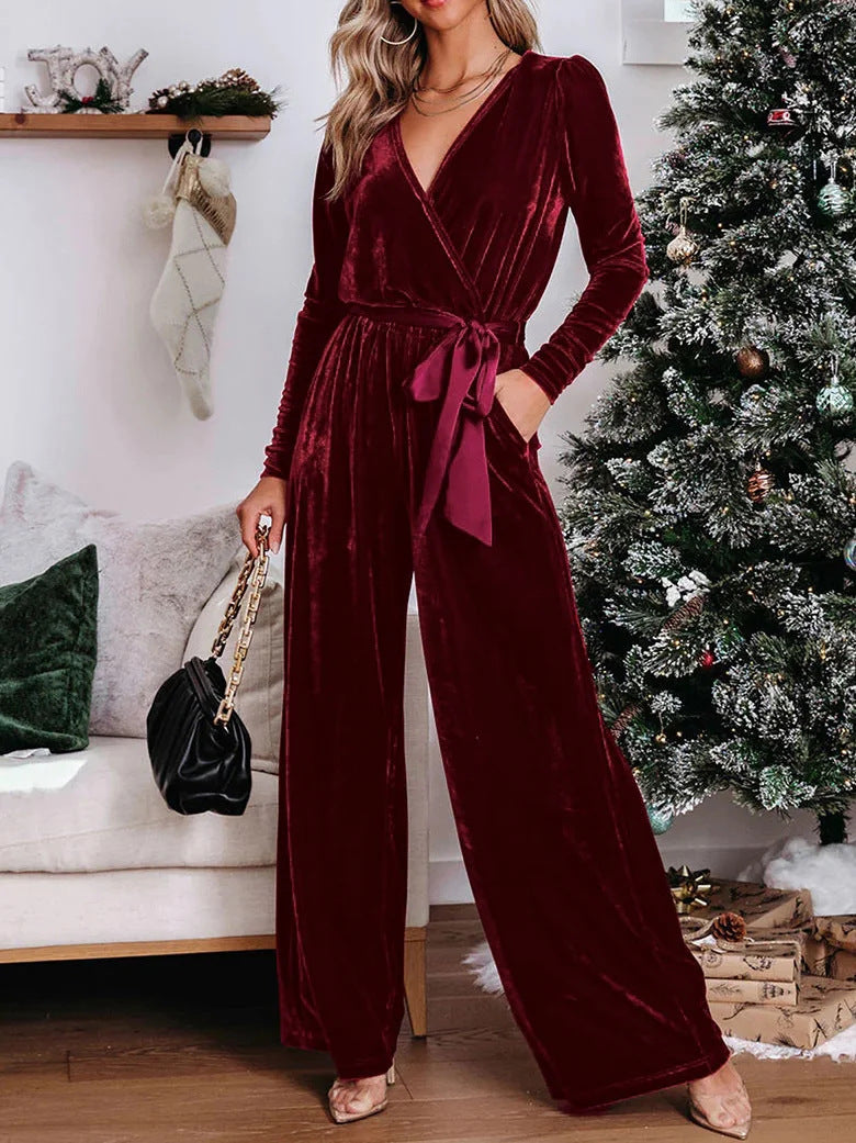 Damen Samt‑Jumpsuit mit Wickel‑V‑Ausschnitt, weitem Bein und Taillengürtel Shop Nory