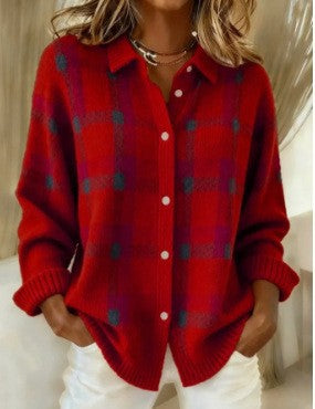 Damen Kariertes Strick-Hemdjacke-Cardigan mit Hemdkragen und gerippten Bündchen Shop Nory