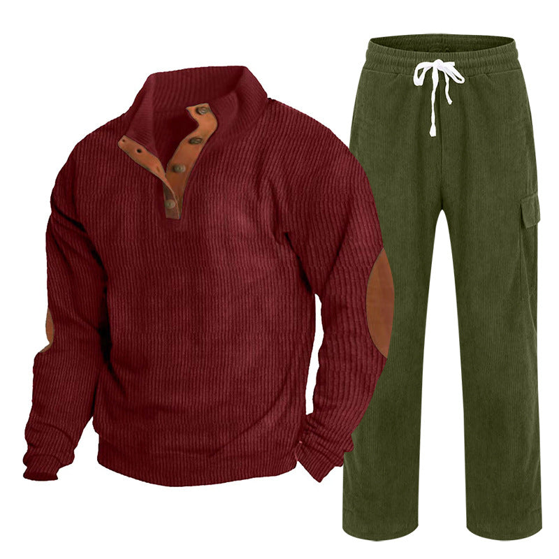 Herren Gemütliches Freizeit-Set aus Waffelstrick-Henley mit Ellenbogenpatch und Relax-Cargo-Hose Shop Nory