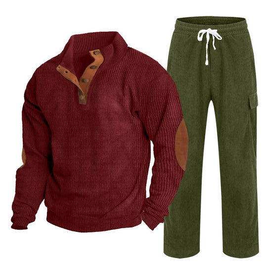 Herren Gemütliches Freizeit-Set aus Waffelstrick-Henley mit Ellenbogenpatch und Relax-Cargo-Hose Shop Nory