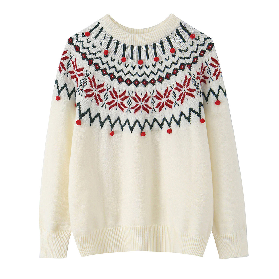 Damen Norwegermuster-Strickpullover mit Rundhalsausschnitt und dreidimensionalen Pompons Shop Nory