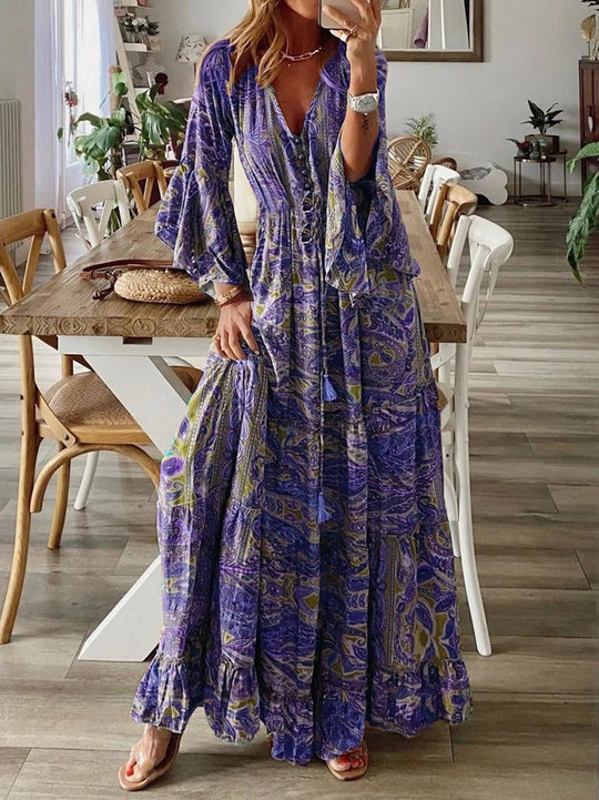 Damen Boho Maxikleid mit Paisley-Print, V-Ausschnitt, Stufenrock und Bindegürtel Shop Nory