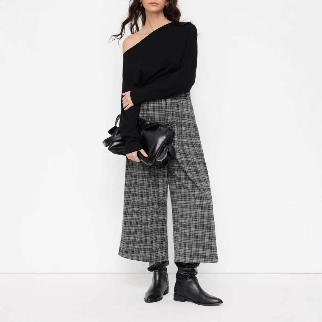 Damen weite Culotte-Hose mit Karomuster und hoher Taille Shop Nory