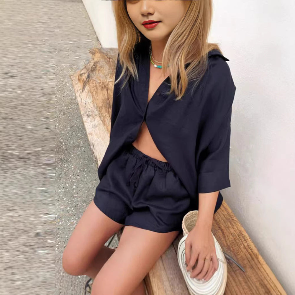 Damen luftige Leinenbluse mit Shorts Shopnory
