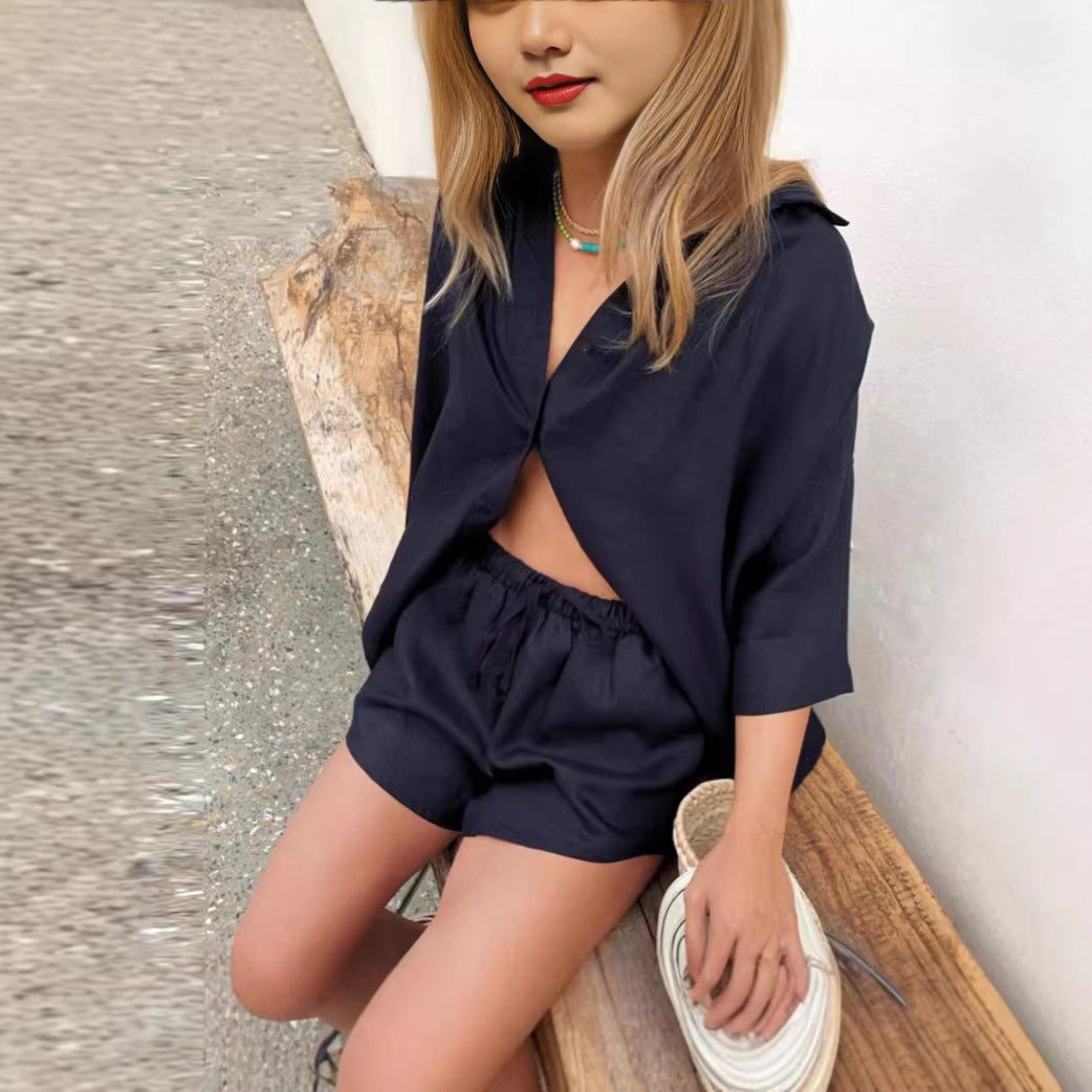 Damen luftige Leinenbluse mit Shorts Shopnory