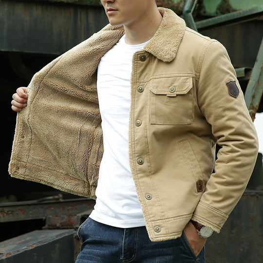 Herren Sherpagefütterte Canvas‑Truckerjacke mit Teddyfutter und Hemdkragen Shop Nory