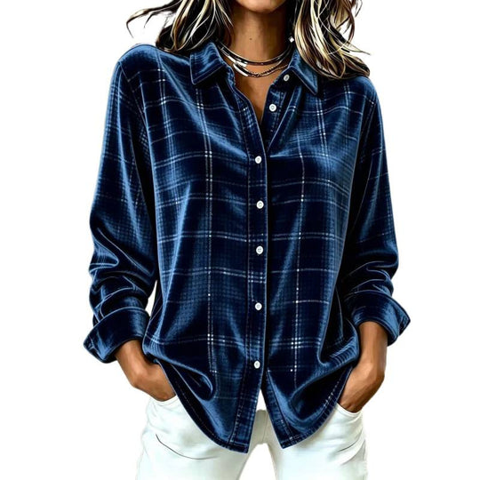 Damen Samt-Hemdbluse mit Karomuster und lockerem Oversize-Schnitt Shop Nory