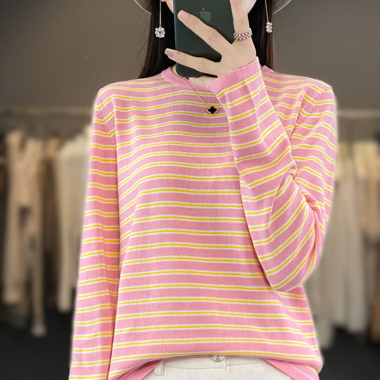 Damen Leichter Baumwollmix-Streifenpullover mit Rundhals, Raglanärmeln und lässiger Silhouette Shop Nory