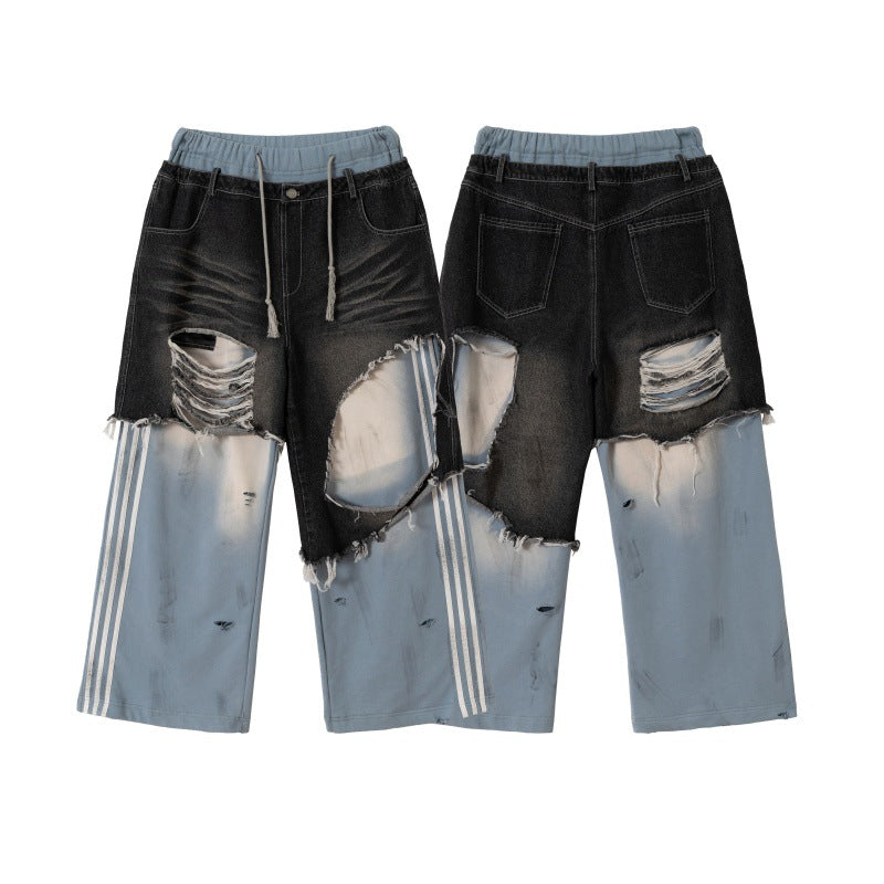 Unisex Patchwork-Jeans-Hybridhose im Oversized-Cut mit elastischem Bund, Destroy-Effekten und weitem Bein Shop Nory