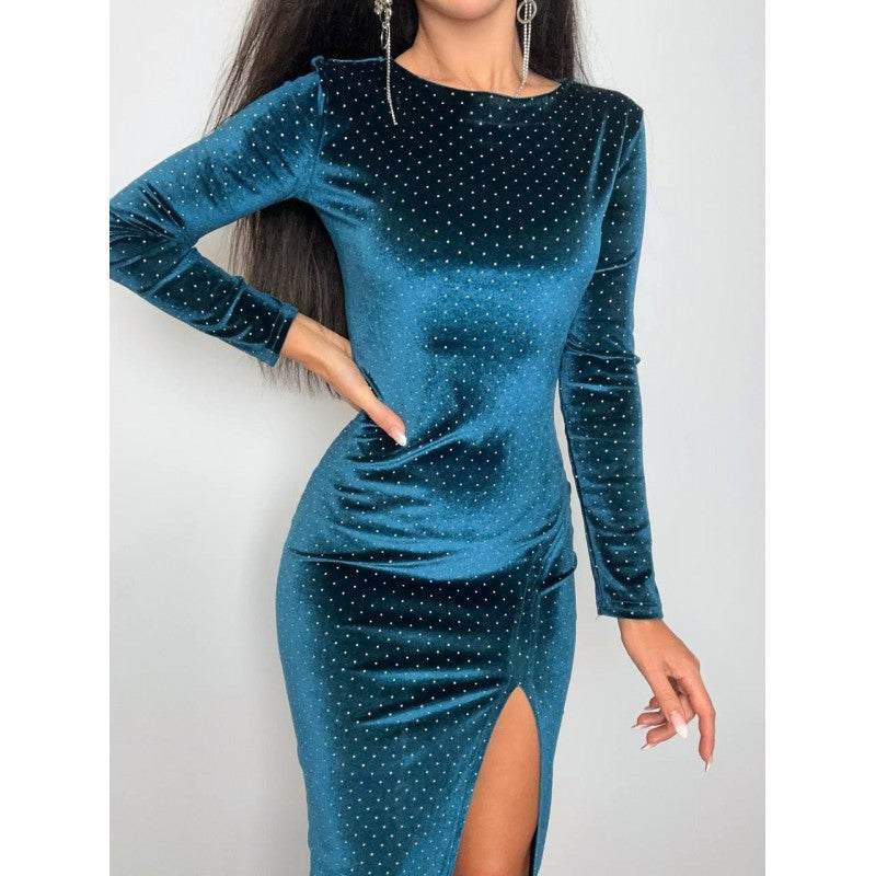 Damen Samt-Midikleid mit eleganten Pailletten und seitlichem Schlitz Shopnory