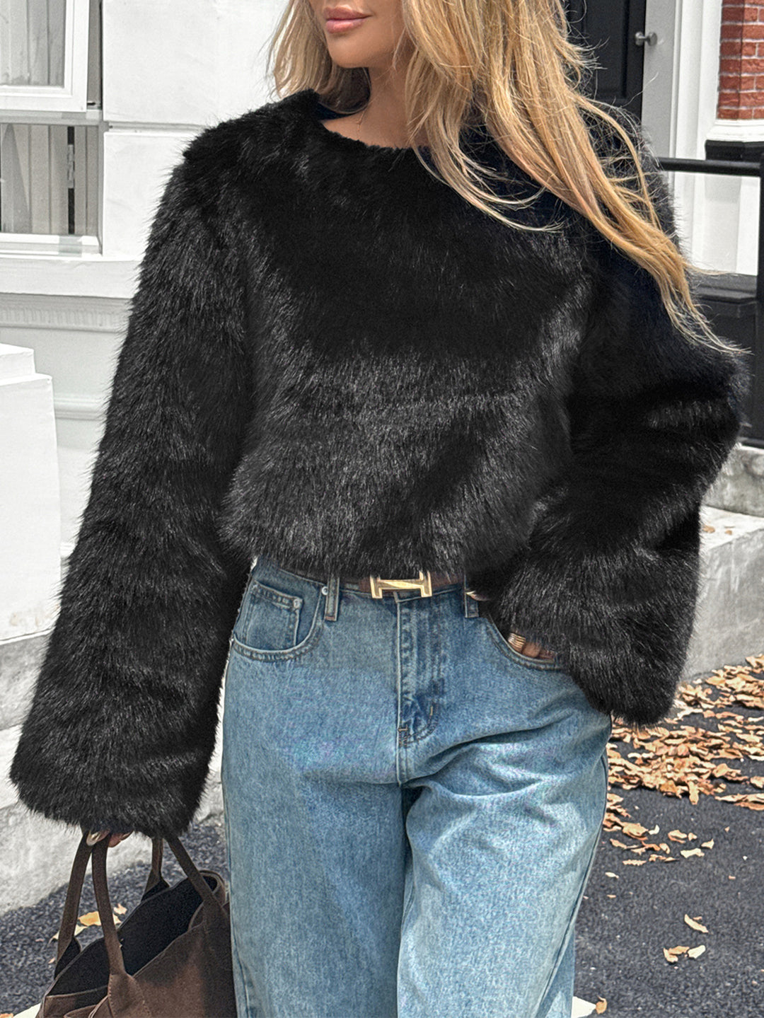 Damen nan kuscheliger Cropped-Faux-Fur-Pullover mit ausgestellten Ärmeln Shop Nory