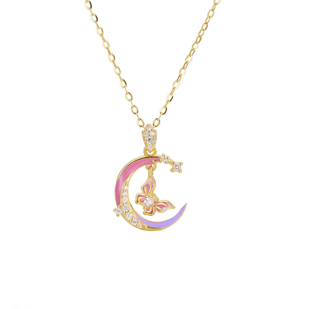Damen Halskette mit kunstvollem Mond- und Schmetterlingsanhänger Shop Nory